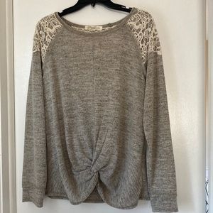 Soft Long Sleeve Sweater with Lace around Shoulder and Back Top.
